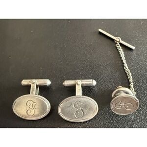 Vintage Silver Monogram (F) Cufflinks And Tie Pin